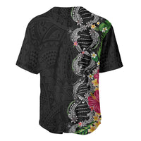 Hawaii DNA Kakau Tattoo Baseball Jersey with Plumeria and Hibiscus Tropical Plants Black Color