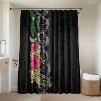 Hawaii DNA Kakau Tattoo Bathroom Set with Plumeria and Hibiscus Tropical Plants Black Color