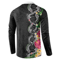 Hawaii DNA Kakau Tattoo Button Sweatshirt with Plumeria and Hibiscus Tropical Plants Black Color