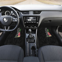 Hawaii DNA Kakau Tattoo Car Mats with Plumeria and Hibiscus Tropical Plants Black Color