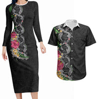 Hawaii DNA Kakau Tattoo Couples Matching Long Sleeve Bodycon Dress and Hawaiian Shirt with Plumeria and Hibiscus Tropical Plants Black Color LT03 Black - Polynesian Pride