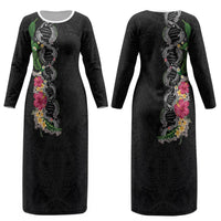 Hawaii DNA Kakau Tattoo Couples Matching Long Sleeve Bodycon Dress and Hawaiian Shirt with Plumeria and Hibiscus Tropical Plants Black Color LT03 - Polynesian Pride