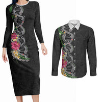Hawaii DNA Kakau Tattoo Couples Matching Long Sleeve Bodycon Dress and Long Sleeve Button Shirt with Plumeria and Hibiscus Tropical Plants Black Color LT03 Black - Polynesian Pride