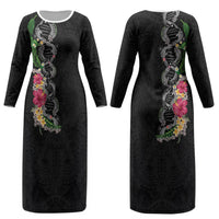 Hawaii DNA Kakau Tattoo Couples Matching Long Sleeve Bodycon Dress and Long Sleeve Button Shirt with Plumeria and Hibiscus Tropical Plants Black Color LT03 - Polynesian Pride