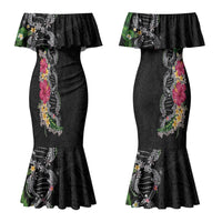 Hawaii DNA Kakau Tattoo Couples Matching Mermaid Dress and Hawaiian Shirt with Plumeria and Hibiscus Tropical Plants Black Color LT03 - Polynesian Pride