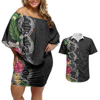 Hawaii DNA Kakau Tattoo Couples Matching Off Shoulder Short Dress and Hawaiian Shirt with Plumeria and Hibiscus Tropical Plants Black Color LT03 Black - Polynesian Pride