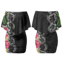 Hawaii DNA Kakau Tattoo Couples Matching Off Shoulder Short Dress and Hawaiian Shirt with Plumeria and Hibiscus Tropical Plants Black Color LT03 - Polynesian Pride