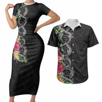 Hawaii DNA Kakau Tattoo Couples Matching Short Sleeve Bodycon Dress and Hawaiian Shirt with Plumeria and Hibiscus Tropical Plants Black Color LT03 Black - Polynesian Pride