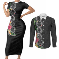 Hawaii DNA Kakau Tattoo Couples Matching Short Sleeve Bodycon Dress and Long Sleeve Button Shirt with Plumeria and Hibiscus Tropical Plants Black Color LT03 Black - Polynesian Pride