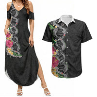 Hawaii DNA Kakau Tattoo Couples Matching Summer Maxi Dress and Hawaiian Shirt with Plumeria and Hibiscus Tropical Plants Black Color LT03 Black - Polynesian Pride