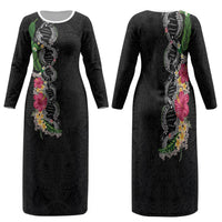 Hawaii DNA Kakau Tattoo Family Matching Long Sleeve Bodycon Dress and Hawaiian Shirt with Plumeria and Hibiscus Tropical Plants Black Color