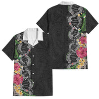 Hawaii DNA Kakau Tattoo Family Matching Long Sleeve Bodycon Dress and Hawaiian Shirt with Plumeria and Hibiscus Tropical Plants Black Color LT03 Dad's Shirt - Short Sleeve Black - Polynesian Pride