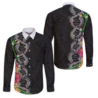 Hawaii DNA Kakau Tattoo Family Matching Puletasi and Hawaiian Shirt with Plumeria and Hibiscus Tropical Plants Black Color LT03 Dad's Shirt - Long Sleeve Black - Polynesian Pride