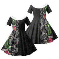 Hawaii DNA Kakau Tattoo Family Matching Puletasi and Hawaiian Shirt with Plumeria and Hibiscus Tropical Plants Black Color LT03 Daughter's Dress Black - Polynesian Pride