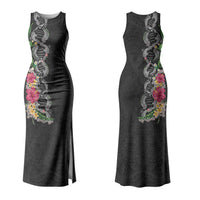 Hawaii DNA Kakau Tattoo Family Matching Tank Maxi Dress and Hawaiian Shirt with Plumeria and Hibiscus Tropical Plants Black Color LT03 Mom's Dress Black - Polynesian Pride