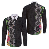 Hawaii DNA Kakau Tattoo Family Matching Tank Maxi Dress and Hawaiian Shirt with Plumeria and Hibiscus Tropical Plants Black Color LT03 Dad's Shirt - Long Sleeve Black - Polynesian Pride