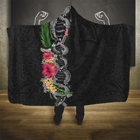 Hawaii DNA Kakau Tattoo Hooded Blanket with Plumeria and Hibiscus Tropical Plants Black Color LT03 - Polynesian Pride
