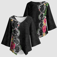 Hawaii DNA Kakau Tattoo Kimono Sleeve Blouse with Plumeria and Hibiscus Tropical Plants Black Color