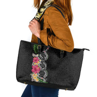 Hawaii DNA Kakau Tattoo Leather Tote Bag with Plumeria and Hibiscus Tropical Plants Black Color LT03 Black - Polynesian Pride