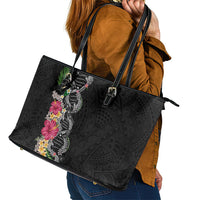 Hawaii DNA Kakau Tattoo Leather Tote Bag with Plumeria and Hibiscus Tropical Plants Black Color LT03 - Polynesian Pride