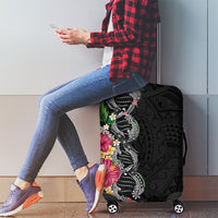Hawaii DNA Kakau Tattoo Luggage Cover with Plumeria and Hibiscus Tropical Plants Black Color LT03 - Polynesian Pride