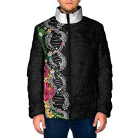 Hawaii DNA Kakau Tattoo Padded Jacket with Plumeria and Hibiscus Tropical Plants Black Color