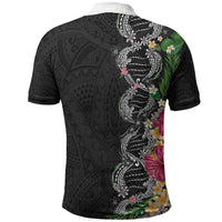 Hawaii DNA Kakau Tattoo Polo Shirt with Plumeria and Hibiscus Tropical Plants Black Color LT03 - Polynesian Pride