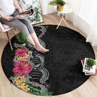 Hawaii DNA Kakau Tattoo Round Carpet with Plumeria and Hibiscus Tropical Plants Black Color LT03 - Polynesian Pride