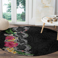 Hawaii DNA Kakau Tattoo Round Carpet with Plumeria and Hibiscus Tropical Plants Black Color LT03 - Polynesian Pride