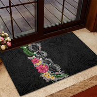 Hawaii DNA Kakau Tattoo Rubber Doormat with Plumeria and Hibiscus Tropical Plants Black Color LT03 - Polynesian Pride