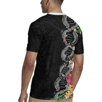 Hawaii DNA Kakau Tattoo Rugby Jersey with Plumeria and Hibiscus Tropical Plants Black Color