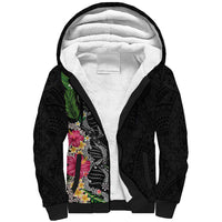Hawaii DNA Kakau Tattoo Sherpa Hoodie with Plumeria and Hibiscus Tropical Plants Black Color