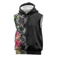 Hawaii DNA Kakau Tattoo Sleeveless Hoodie with Plumeria and Hibiscus Tropical Plants Black Color