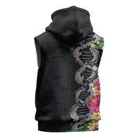 Hawaii DNA Kakau Tattoo Sleeveless Hoodie with Plumeria and Hibiscus Tropical Plants Black Color