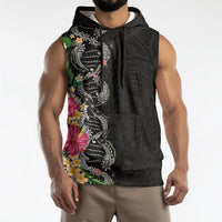 Hawaii DNA Kakau Tattoo Sleeveless Hoodie with Plumeria and Hibiscus Tropical Plants Black Color