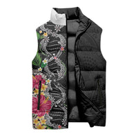 Hawaii DNA Kakau Tattoo Sleeveless Puffer Jacket with Plumeria and Hibiscus Tropical Plants Black Color