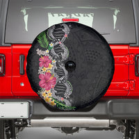 Hawaii DNA Kakau Tattoo Spare Tire Cover with Plumeria and Hibiscus Tropical Plants Black Color LT03 - Polynesian Pride