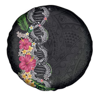 Hawaii DNA Kakau Tattoo Spare Tire Cover with Plumeria and Hibiscus Tropical Plants Black Color LT03 - Polynesian Pride
