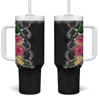 Hawaii DNA Kakau Tattoo Tumbler With Handle with Plumeria and Hibiscus Tropical Plants Black Color LT03 One Size: 40 oz Black - Polynesian Pride