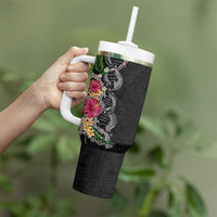 Hawaii DNA Kakau Tattoo Tumbler With Handle with Plumeria and Hibiscus Tropical Plants Black Color LT03 - Polynesian Pride
