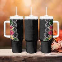 Hawaii DNA Kakau Tattoo Tumbler With Handle with Plumeria and Hibiscus Tropical Plants Black Color LT03 - Polynesian Pride