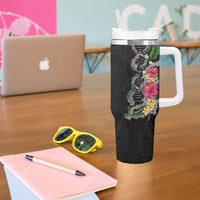 Hawaii DNA Kakau Tattoo Tumbler With Handle with Plumeria and Hibiscus Tropical Plants Black Color LT03 - Polynesian Pride