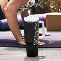 Hawaii DNA Kakau Tattoo Tumbler With Handle with Plumeria and Hibiscus Tropical Plants Black Color LT03 - Polynesian Pride