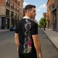 Hawaii DNA Kakau Tattoo Zipper Polo Shirt with Plumeria and Hibiscus Tropical Plants Black Color