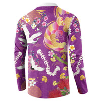 Hawaiian and Japanese Culture Together Button Sweatshirt Kakau Tribal Pattern and Irezumi Art Purple Color