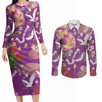 Hawaiian and Japanese Culture Together Couples Matching Long Sleeve Bodycon Dress and Long Sleeve Button Shirt Kakau Tribal Pattern and Irezumi Art Purple Color LT03 Purple - Polynesian Pride