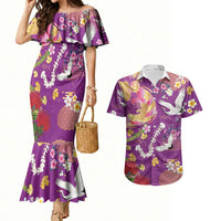 Hawaiian and Japanese Culture Together Couples Matching Mermaid Dress and Hawaiian Shirt Kakau Tribal Pattern and Irezumi Art Purple Color LT03 Purple - Polynesian Pride