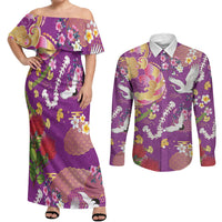 Hawaiian and Japanese Culture Together Couples Matching Off Shoulder Maxi Dress and Long Sleeve Button Shirt Kakau Tribal Pattern and Irezumi Art Purple Color LT03 Purple - Polynesian Pride