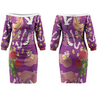 Hawaiian and Japanese Culture Together Couples Matching Off The Shoulder Long Sleeve Dress and Hawaiian Shirt Kakau Tribal Pattern and Irezumi Art Purple Color LT03 - Polynesian Pride