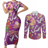 Hawaiian and Japanese Culture Together Couples Matching Short Sleeve Bodycon Dress and Long Sleeve Button Shirt Kakau Tribal Pattern and Irezumi Art Purple Color LT03 Purple - Polynesian Pride